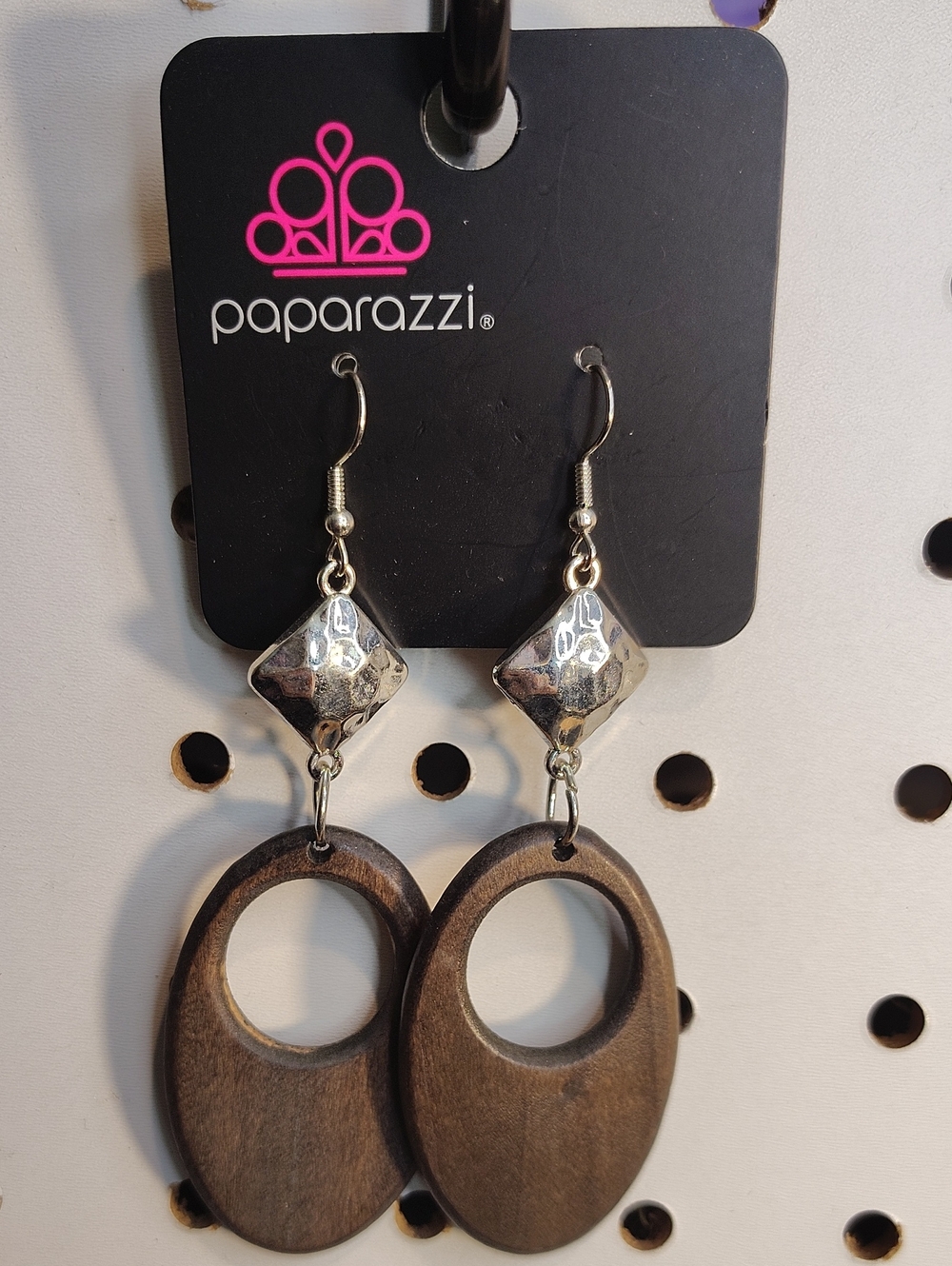 paparazzi Silver & Brown Wooden Oval Drop Earrings